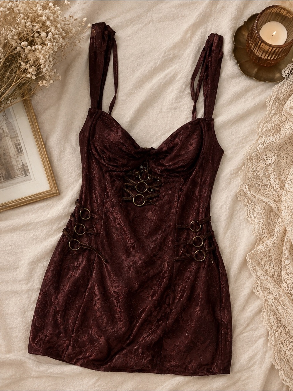 Fashion Nova Liliana Lace Micro Mini Dress Chocolate Brown Size M NWT